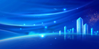 科技星空蓝色星空蓝城市建筑光影企业年会展板背景